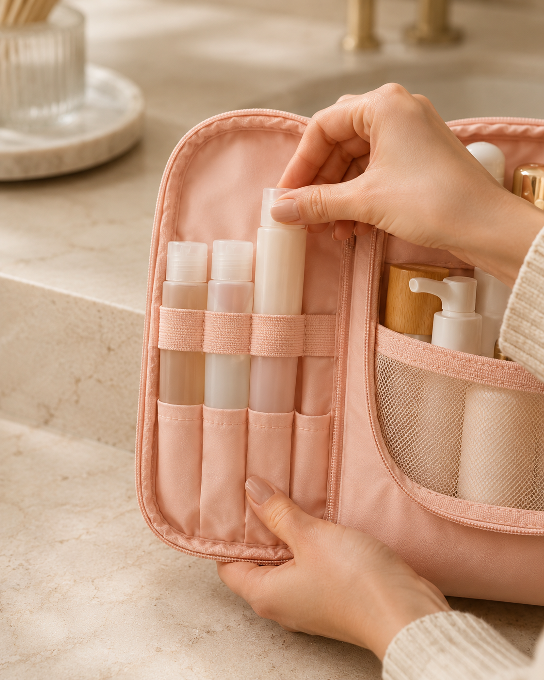 An open carry-on with packing cubes laid out inside